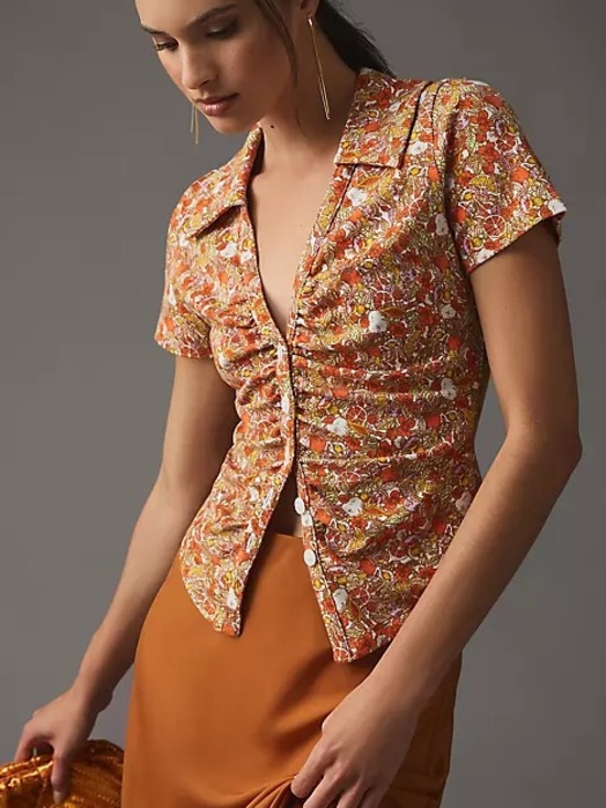 Anthropologie Tops - Anthropologie Maeve Orange Elegant Floral Ruched Button-Down Top Womens X-Small